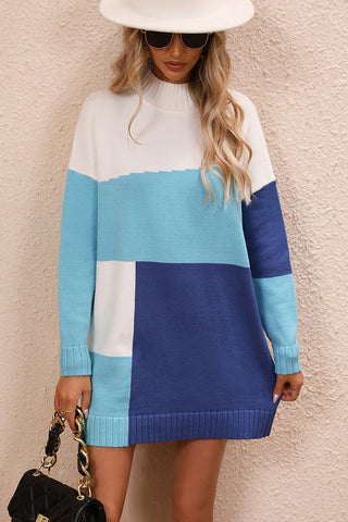 Shop Light Blue Color Block Mock Neck Dropped Shoulder Sweater Dress - High-Quality U.S. Made Women’s Fashion with Free & Fast Shipping