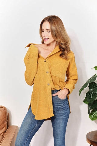 Shop HEYSON Full Size Oversized Corduroy Button-Down Tunic Shirt with Bust Pocket - High-Quality U.S. Made Women’s Fashion with Free & Fast Shipping