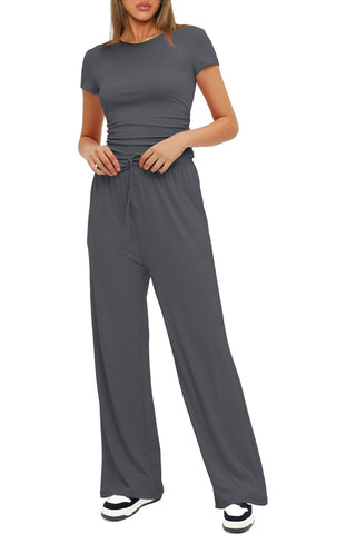 Shop Round Neck Short Sleeve Top and Pants Set - High-Quality U.S. Made Women’s Fashion with Free & Fast Shipping