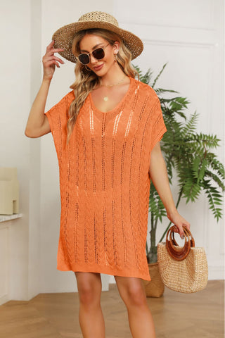 Shop Orange One Size Openwork Side Slit Knit Dress - High-Quality U.S. Made Women’s Fashion with Free & Fast Shipping