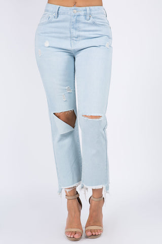 Shop Lt.Blue American Bazi High Waist Distressed Raw Hem Jeans - High-Quality U.S. Made Women’s Fashion with Free & Fast Shipping