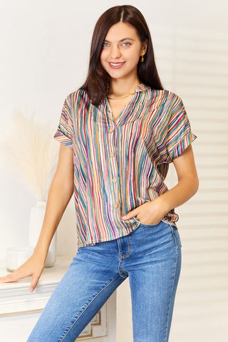 Shop Multicolored Stripe Notched Neck Top - High-Quality U.S. Made Women’s Fashion with Free & Fast Shipping