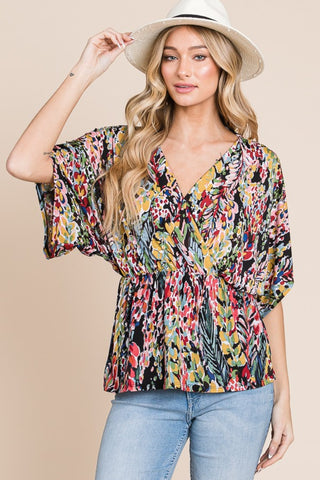 Shop Floral BOMBOM Printed Surplice Peplum Blouse - High-Quality U.S. Made Women’s Fashion with Free & Fast Shipping