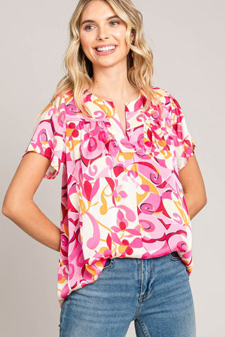 Shop Pink Cotton Bleu by Nu Label Abstract Print Short Sleeve Top - High-Quality U.S. Made Women’s Fashion with Free & Fast Shipping