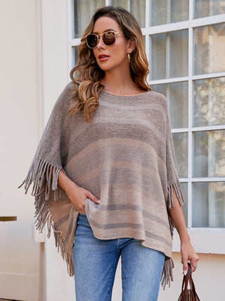 Shop Striped Boat Neck Poncho with Fringes - High-Quality U.S. Made Women’s Fashion with Free Fast Shipping