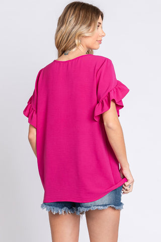 Shop GeeGee V-Neck Ruffle Trim Short Sleeve Blouse - High-Quality U.S. Made Women’s Fashion with Free & Fast Shipping