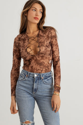 Shop Mocha Taupe HERA COLLECTION Abstract Mesh Lace-Up Long Sleeve Bodysuit - High-Quality U.S. Made Women’s Fashion with Free & Fast Shipping