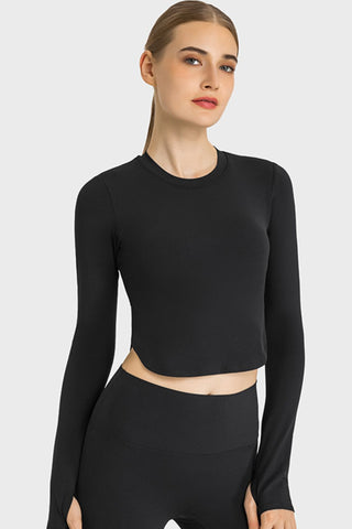 Shop Black Millennia Side Slit Long Sleeve Round Neck Crop Top - High-Quality U.S. Made Women’s Fashion with Free & Fast Shipping