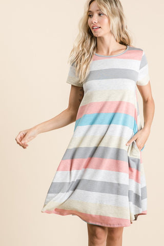 Shop Stripe BOMBOM Striped Short Sleeve Dress with Pockets - High-Quality U.S. Made Women’s Fashion with Free & Fast Shipping