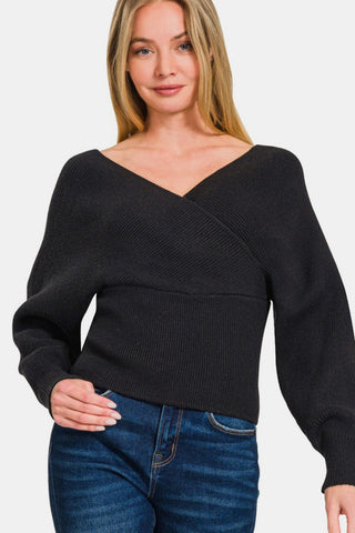 Shop Zenana Cross Wrap Rib Long Sleeve Sweater - High-Quality U.S. Made Women’s Fashion with Free Fast Shipping