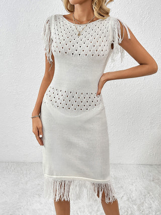 Shop Fringe Openwork Boat Neck Knit Dress - High-Quality U.S. Made Women’s Fashion with Free & Fast Shipping