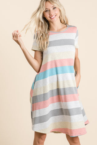 Shop BOMBOM Striped Short Sleeve Dress with Pockets - High-Quality U.S. Made Women’s Fashion with Free & Fast Shipping