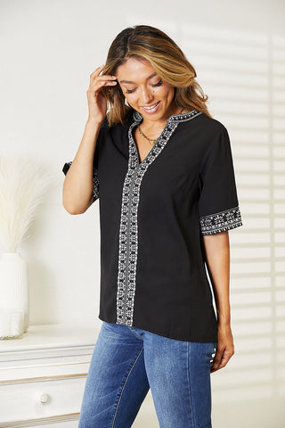 Shop Double Take Embroidered Notched Neck Top - High-Quality U.S. Made Women’s Fashion with Free & Fast Shipping