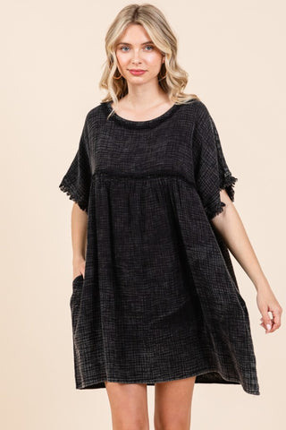 Shop Black Culture Code Full Size Short Sleeve Babydoll Texture Dress with Pockets - High-Quality U.S. Made Women’s Fashion with Free & Fast Shipping