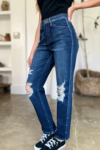 Shop Judy Blue Full Size High Waist Rigid Magic Heavy Destroy Straight Jeans - High-Quality U.S. Made Women’s Fashion with Free & Fast Shipping