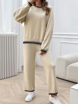 Shop Round Neck Dropped Shoulder Top and Pants Sweater Set - High-Quality U.S. Made Women’s Fashion with Free & Fast Shipping