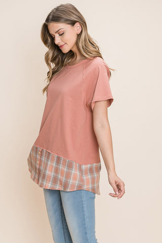 Shop Cotton Bleu by Nu Lab Plaid Contrast Short Sleeve T-Shirt - High-Quality U.S. Made Women’s Fashion with Free Fast Shipping