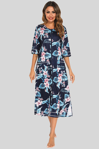 Shop Dark Navy Printed Slit Night Dress with Pockets - High-Quality U.S. Made Women’s Fashion with Free & Fast Shipping