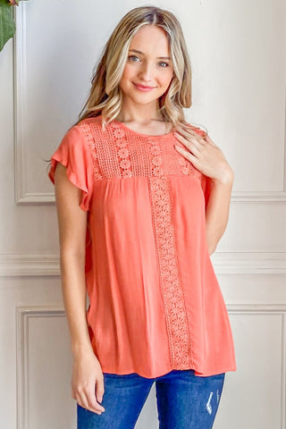 Shop CORAL And The Why Lace Detail Ruffle Short Sleeve Blouse - High-Quality U.S. Made Women’s Fashion with Free & Fast Shipping