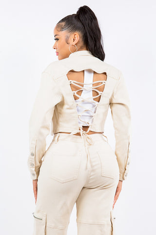 Shop American Bazi Laced Back Cropped Jacket - High-Quality U.S. Made Women’s Fashion with Free & Fast Shipping