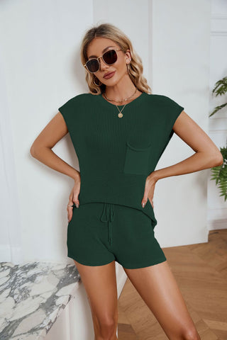 Shop Forest Round Neck Knit Top and Drawstring Shorts Set - High-Quality U.S. Made Women’s Fashion with Free & Fast Shipping