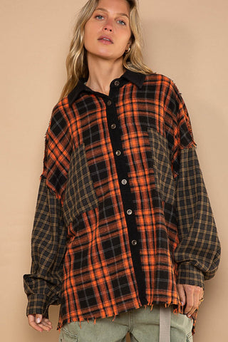 Shop POL Plaid Contrast Long Sleeve Raw Hem Shacket with Chest Pockets - High-Quality U.S. Made Women’s Fashion with Free & Fast Shipping