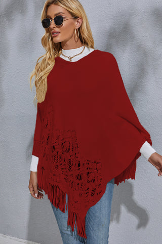 Shop Round Neck Fringe Detail Poncho - High-Quality U.S. Made Women’s Fashion with Free & Fast Shipping