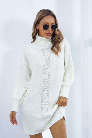 Shop White Openwork Turtleneck Long Sleeve Sweater Dress - High-Quality U.S. Made Women’s Fashion with Free & Fast Shipping