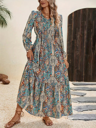 Shop Printed Tie Neck Long Sleeve Maxi Dress - High-Quality U.S. Made Women’s Fashion with Free Fast Shipping