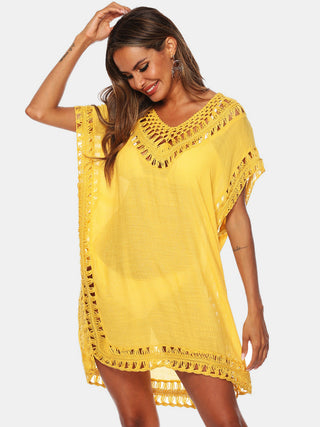 Shop Cutout V-Neck Short Sleeve Cover-Up - High-Quality U.S. Made Women’s Fashion with Free Fast Shipping