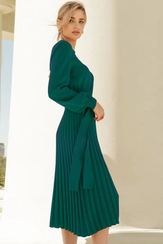 Shop Round Neck Long Sleeve Pleated Sweater Dress - High-Quality U.S. Made Women’s Fashion with Free & Fast Shipping