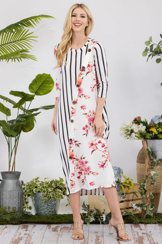 Shop Celeste Full Size Floral Striped Contrast Midi-Dress with Pockets - High-Quality U.S. Made Women’s Fashion with Free & Fast Shipping