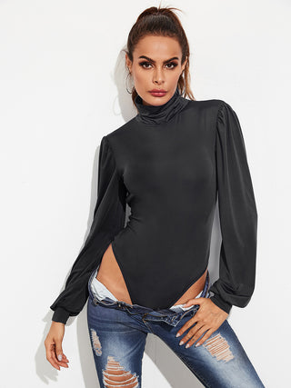 Shop Backless Tie-Waist Turtleneck Lantern Sleeve Bodysuit - High-Quality U.S. Made Women’s Fashion with Free & Fast Shipping