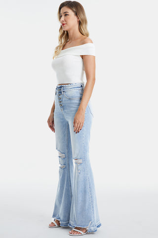 Shop BAYEAS Full Size Distressed Raw Hem High Waist Flare Jeans - High-Quality U.S. Made Women’s Fashion with Free & Fast Shipping