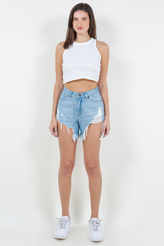 Shop American Bazi High Waist Fringed Hem Denim Shorts - High-Quality U.S. Made Women’s Fashion with Free & Fast Shipping