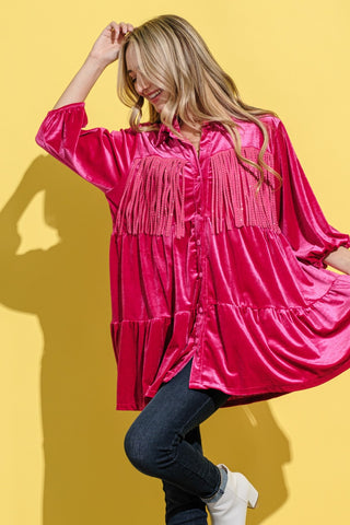 Shop And The Why Fringe Detailed Velvet Shirt Dress - High-Quality U.S. Made Women’s Fashion with Free & Fast Shipping