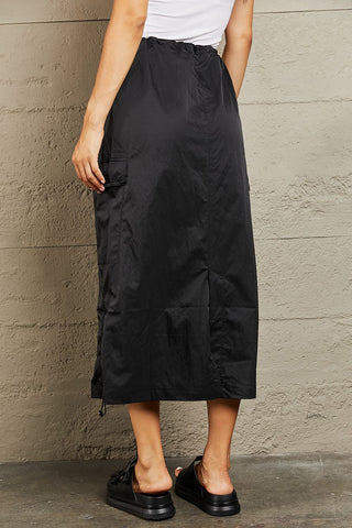 Shop HYFVE Just In Time High Waisted Cargo Midi Skirt in Black - High-Quality U.S. Made Women’s Fashion with Free & Fast Shipping