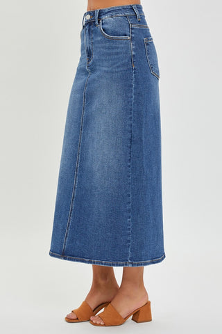 Shop RISEN High Rise Back Slit Denim Skirt - High-Quality U.S. Made Women’s Fashion with Free & Fast Shipping