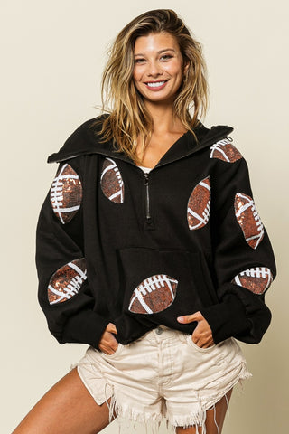 Shop BiBi Sequin Football Half Zip Hoodie - High-Quality U.S. Made Women’s Fashion with Free & Fast Shipping