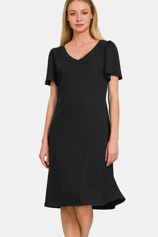 Shop Black Zenana V-Neck Short Sleeve Dress - High-Quality U.S. Made Women’s Fashion with Free & Fast Shipping