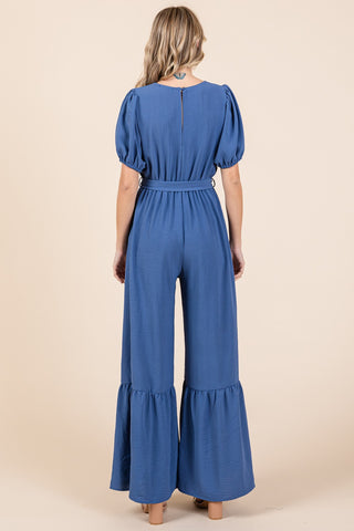 Shop GeeGee Full Size V-Neck Belted Wide Leg Jumpsuit - High-Quality U.S. Made Women’s Fashion with Free & Fast Shipping