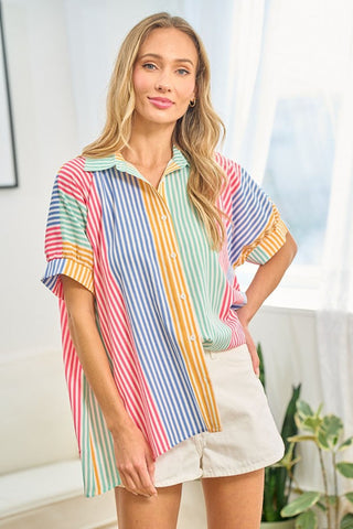 Shop First Love Full Size Striped Button Down Short Sleeve Shirt - High-Quality U.S. Made Women’s Fashion with Free & Fast Shipping