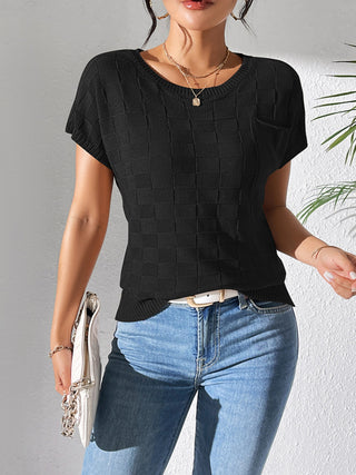 Shop Black Round Neck Short Sleeve Knit Top - High-Quality U.S. Made Women’s Fashion with Free & Fast Shipping