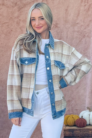 Shop And The Why Full Size Washed Denim Detail Brushed Plaid Jacket - High-Quality U.S. Made Women’s Fashion with Free & Fast Shipping