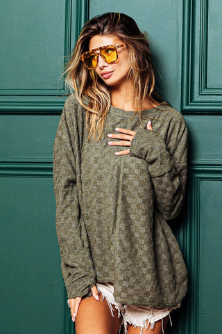 Shop OLIVE BiBi Checkered Thumbhole Long Sleeve T-Shirt - High-Quality U.S. Made Women’s Fashion with Free & Fast Shipping