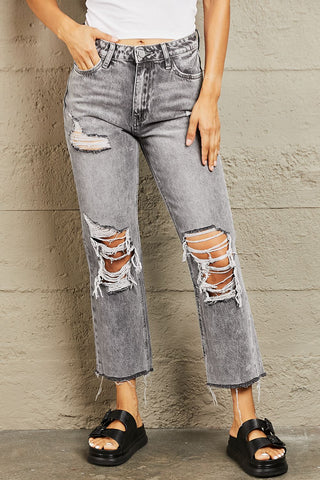 Shop BAYEAS Acid Wash Distressed Cropped Straight Jeans - High-Quality U.S. Made Women’s Fashion with Free Fast Shipping