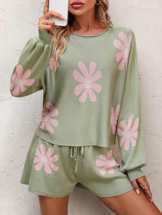 Shop Sage Floral Print Raglan Sleeve Knit Top and Tie Front Sweater Shorts Set - High-Quality U.S. Made Women’s Fashion with Free & Fast Shipping