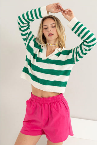 Shop GREEN CREAM HYFVE Striped Long Sleeve Cropped Knit Top - High-Quality U.S. Made Women’s Fashion with Free & Fast Shipping