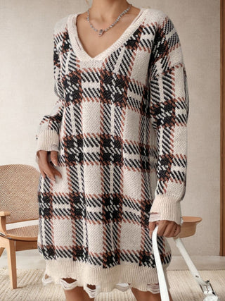 Shop Distressed Plaid V-Neck Long Sleeve Sweater Dress - High-Quality U.S. Made Women’s Fashion with Free & Fast Shipping