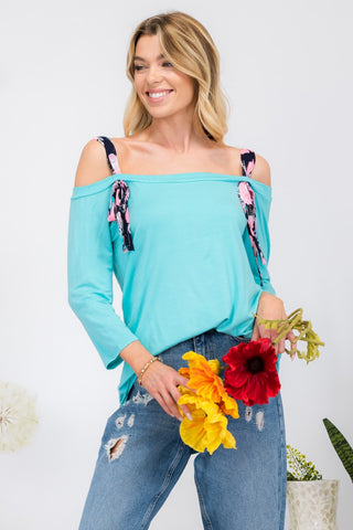 Shop Mint Celeste Full Size Tie-Strap Off-Shoulder Blouse - High-Quality U.S. Made Women’s Fashion with Free & Fast Shipping